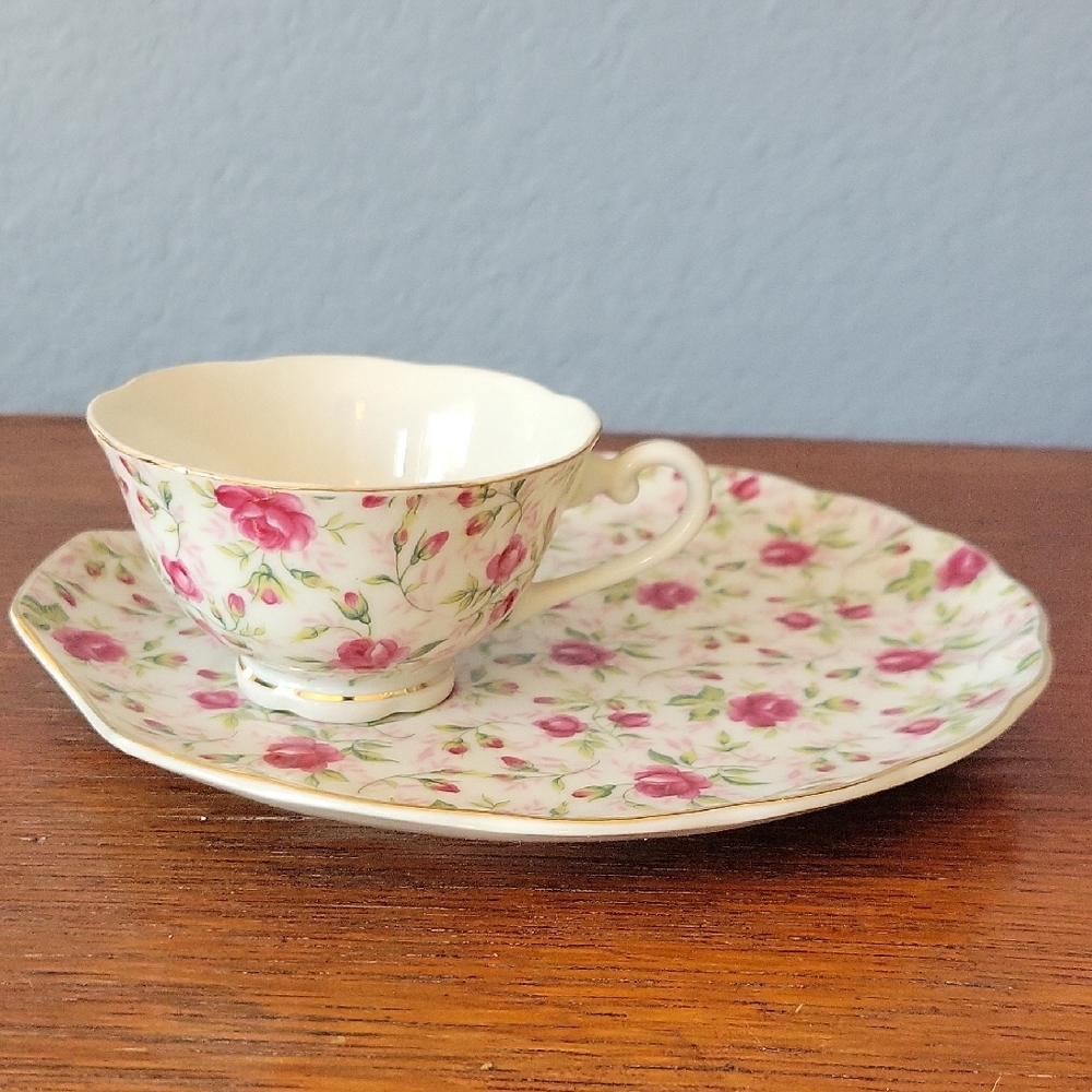 Vintage Lefton China Rose Chintz footed teacup and snack plate